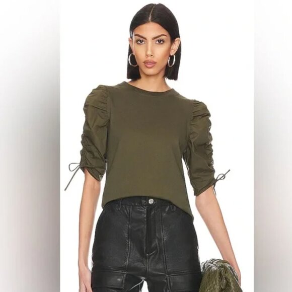 WORN ONCE Frame Ruched Sleeve T-Shirt, Olive Green, Size S - Picture 1 of 9